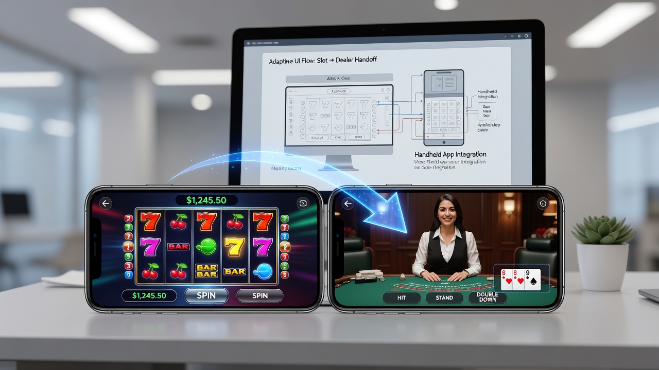 Mobile app screen displaying seamless transition from slot machine interface to live dealer table with adaptive layout adjustments