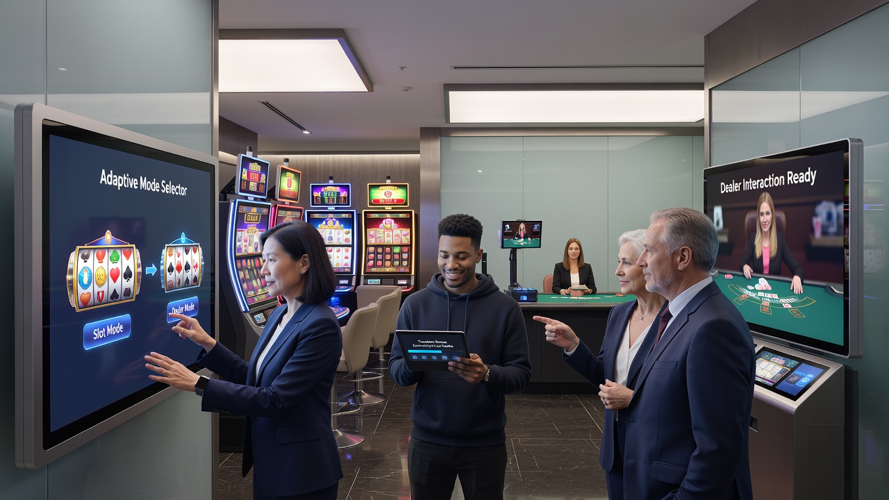 Handheld device showing split-view layout with slot machine on one side and live dealer interaction on the other during an adaptive transition