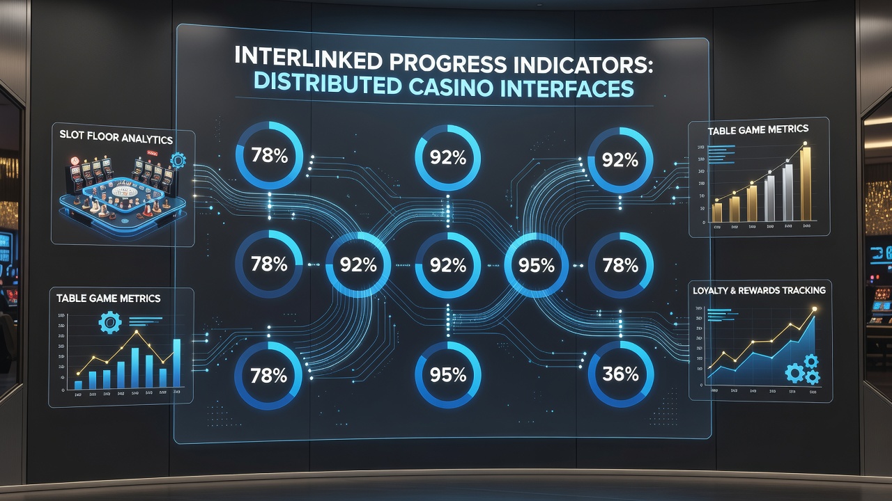Diagram showing interconnected progress tracking across multiple casino platform interfaces