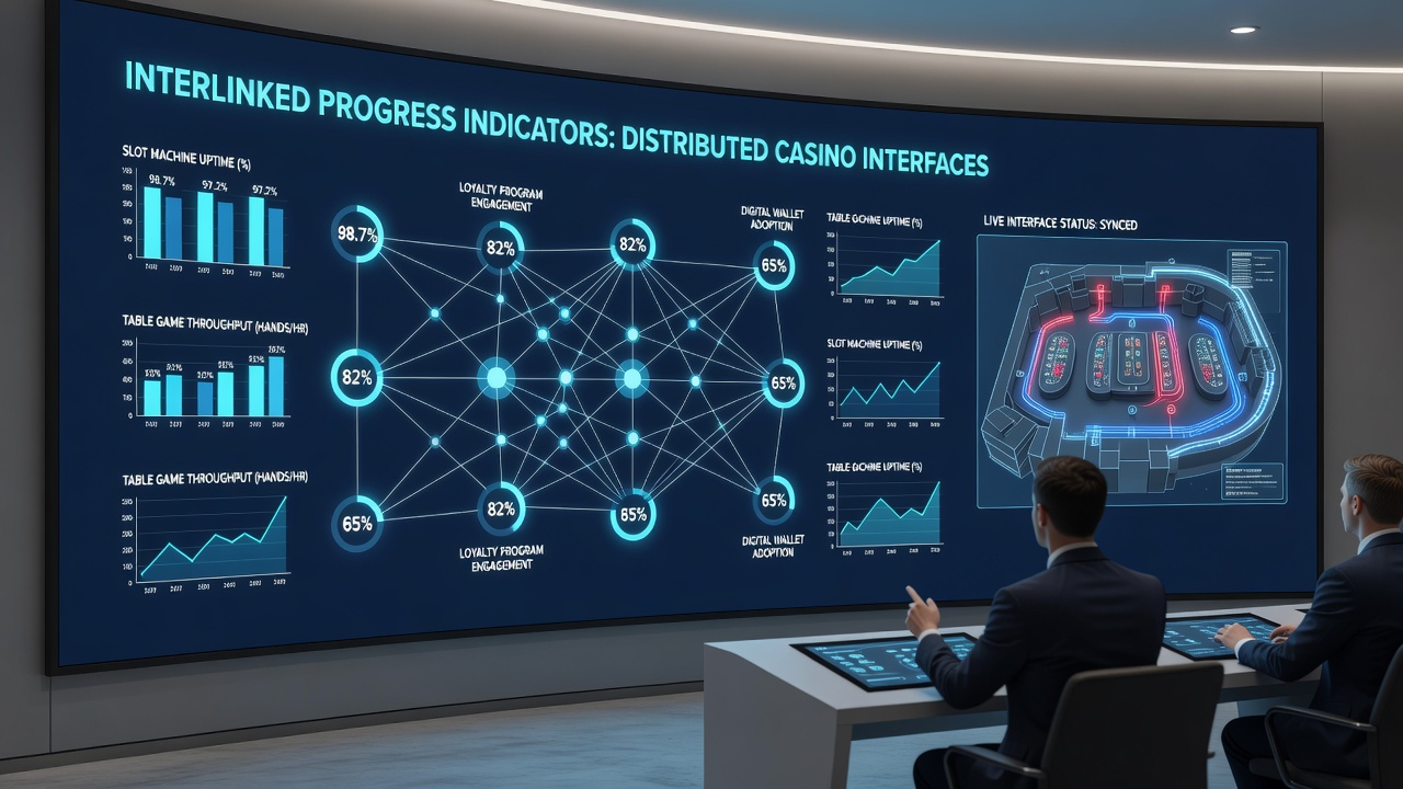 Network visualization of progress indicators flowing between casino devices and servers