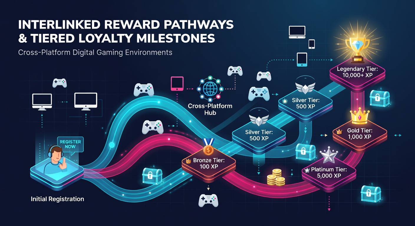 Diagram showing interconnected reward pathways from user registration to tiered loyalty milestones across gaming platforms