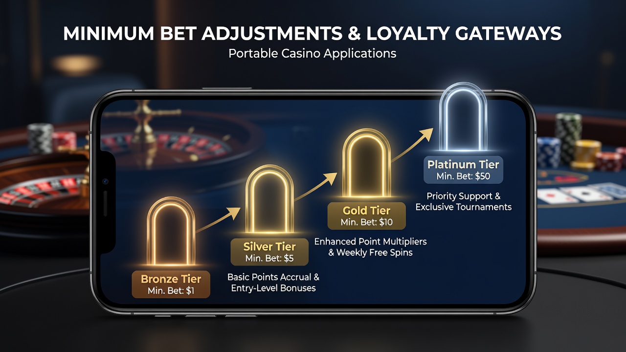 Screenshot of loyalty tier dashboard in a mobile casino app highlighting bet minimum requirements for each level
