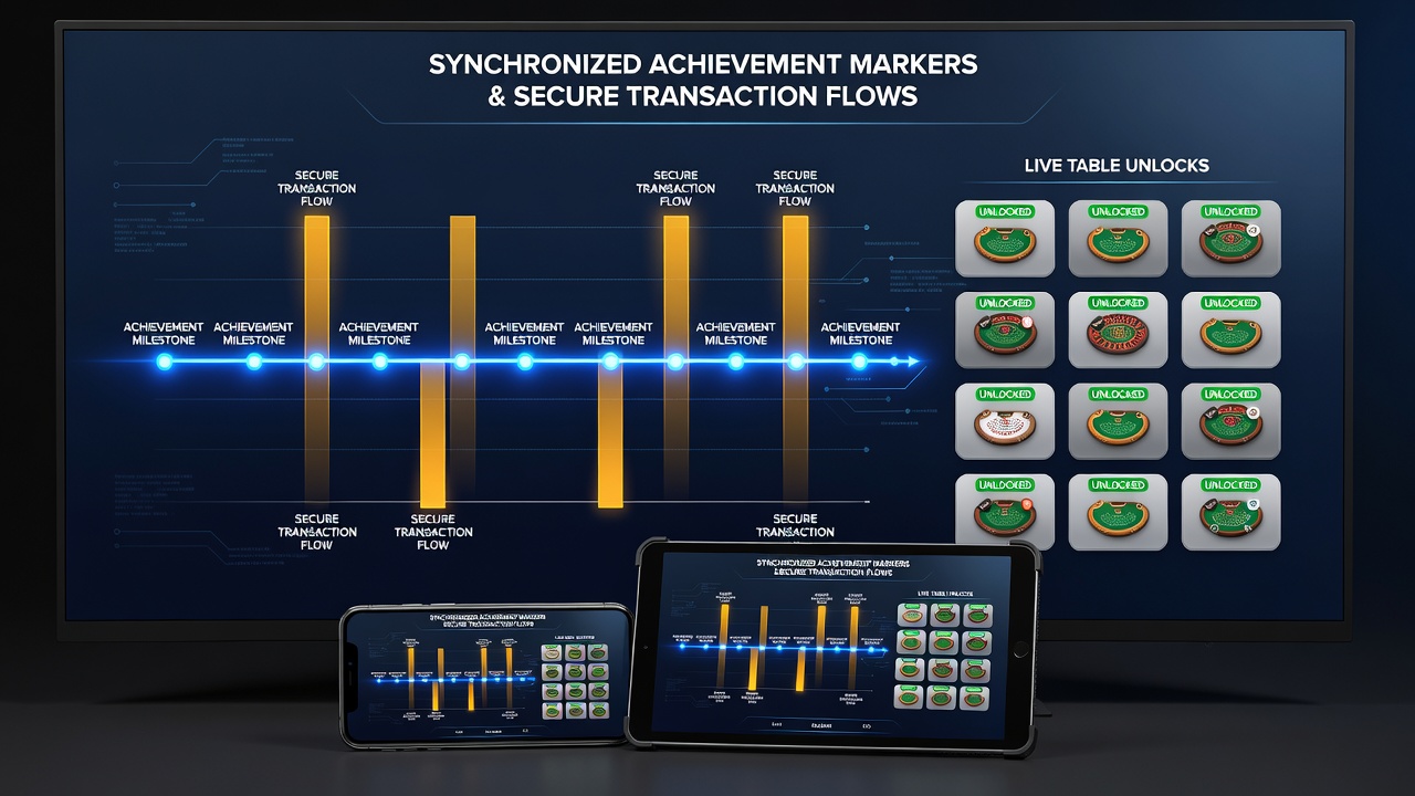 Mobile casino interface showing achievement markers aligned with secure payment flows and live table access