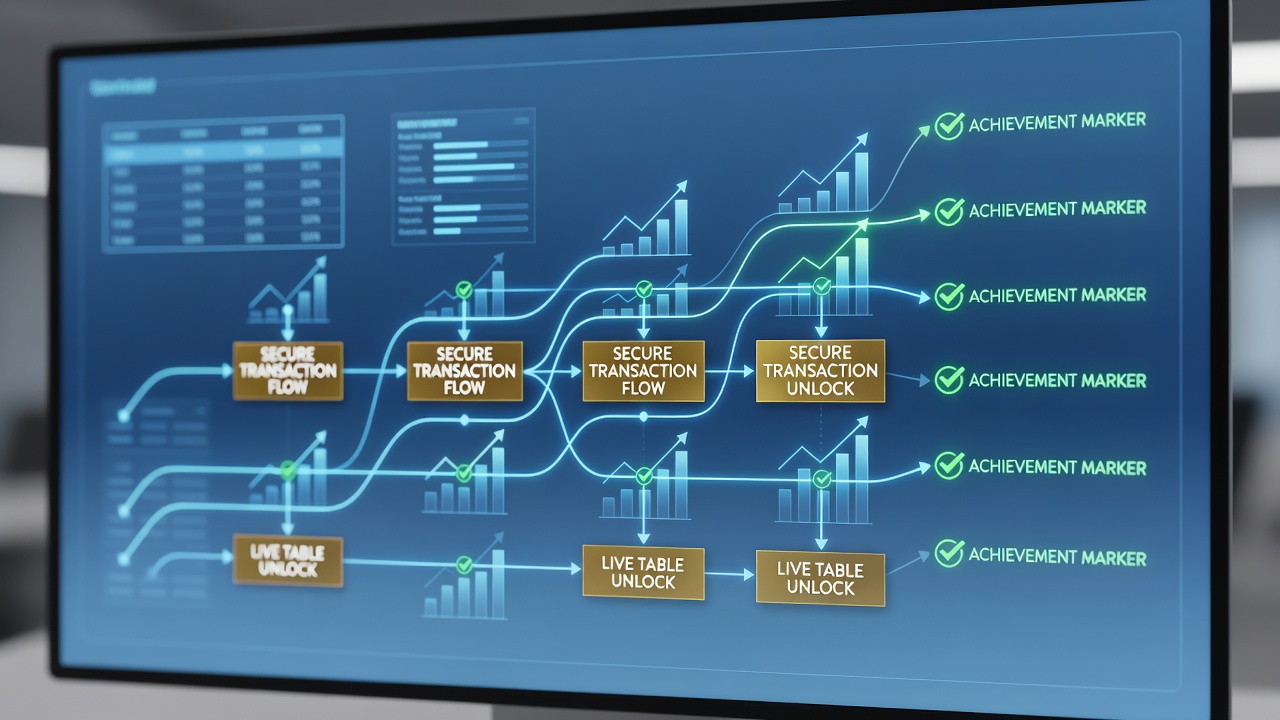 Handheld device displaying live dealer table unlock after synchronized achievement and transaction verification