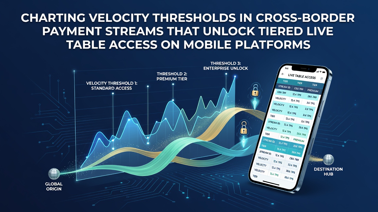 Cross-border payment velocity charts displayed on mobile screens showing tiered access levels for live tables