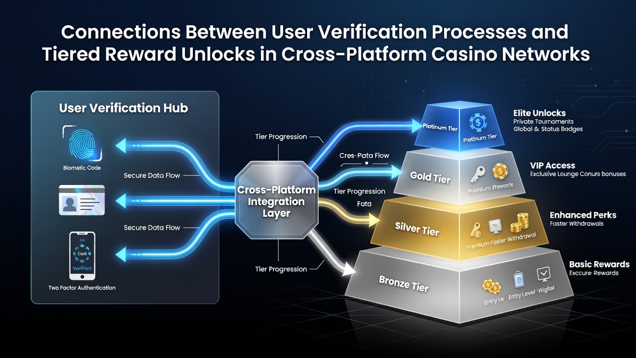 Diagram showing user verification layers connected to tiered reward systems across casino platforms