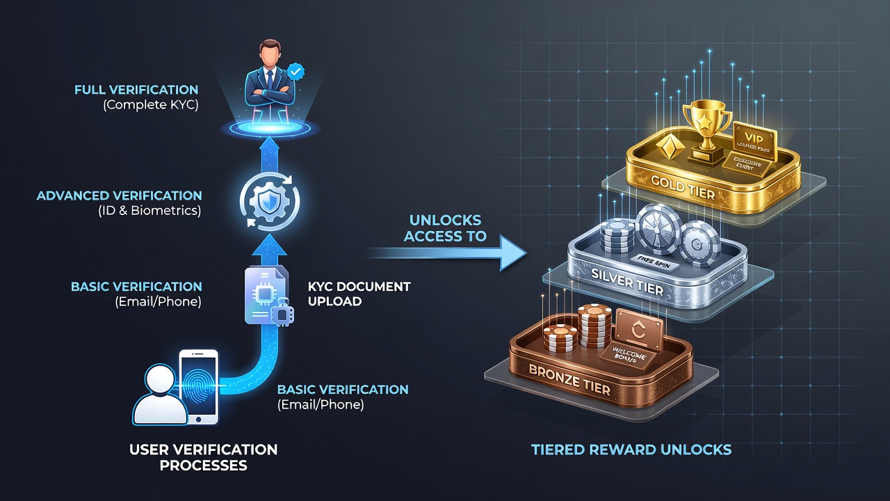 Flowchart illustrating how verified accounts progress through reward tiers in casino networks
