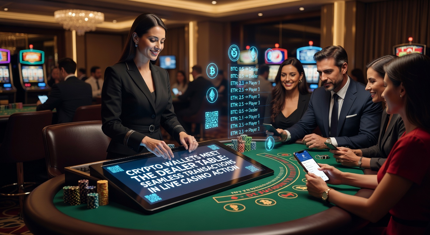 Live casino dealer at a blackjack table with a crypto wallet transaction overlay showing instant deposit confirmation