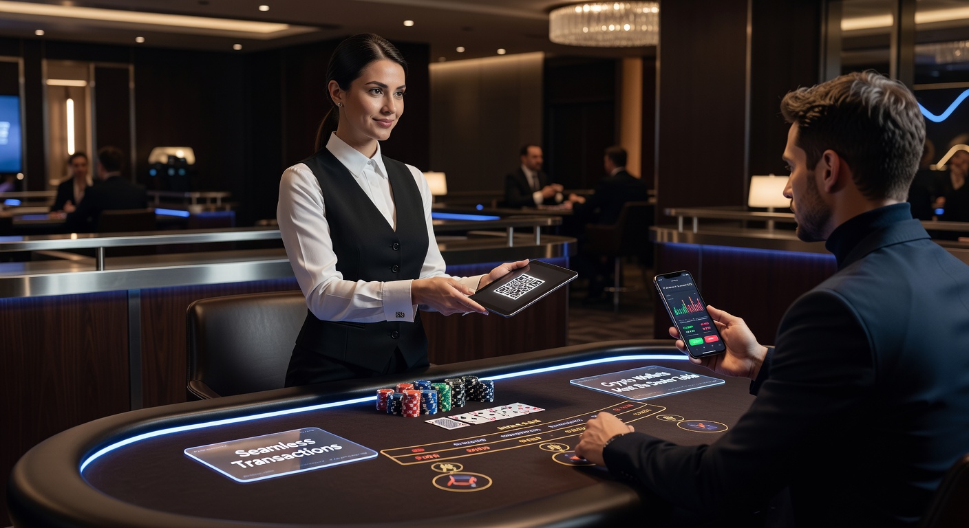 Close-up of a mobile crypto wallet app displaying a successful live casino payout during a poker game, with dealer visible in the background