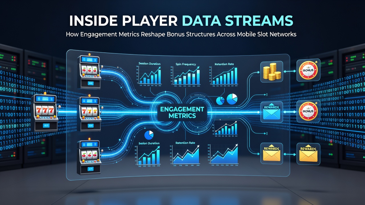 Visualization of player data streams flowing through mobile slot networks with engagement metrics overlay