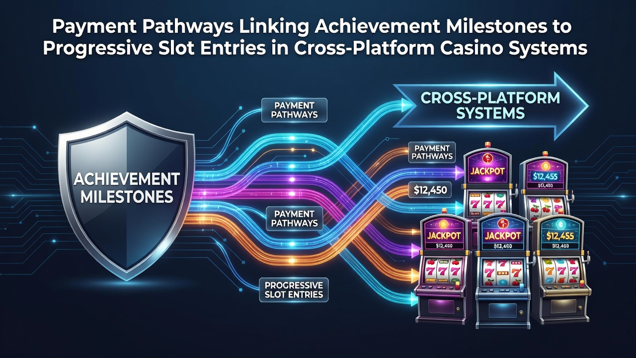 Diagram showing payment flows connecting player achievements to progressive slot entries across mobile and desktop casino platforms