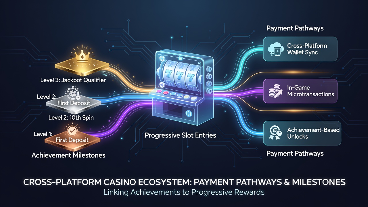 Illustration of cross-platform data flow between payment gateways, achievement databases, and progressive slot servers