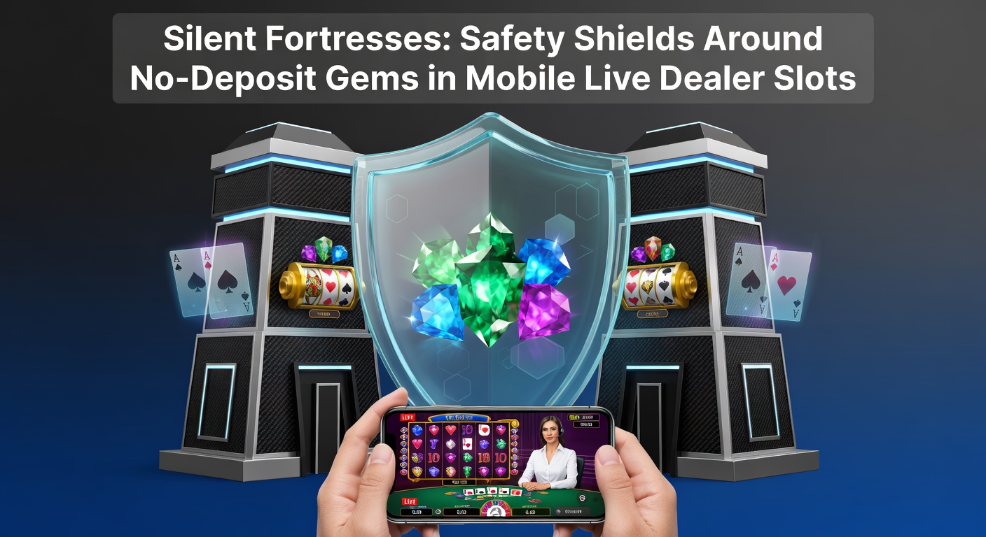 Illustration of a fortified vault protecting glowing gem-like bonuses amid mobile slot interfaces with live dealer elements