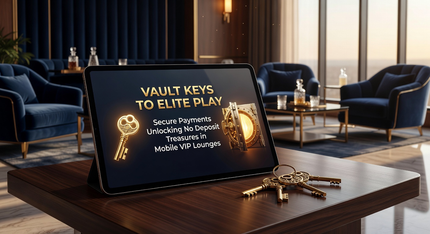 Close-up of a smartphone displaying a VIP lounge interface with secure payment icons and glowing no deposit bonus treasures